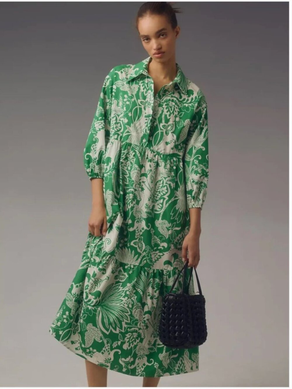Anthropologie Maeve Bettina Tiered Green & White Floral Shirt Dress 100% Cotton